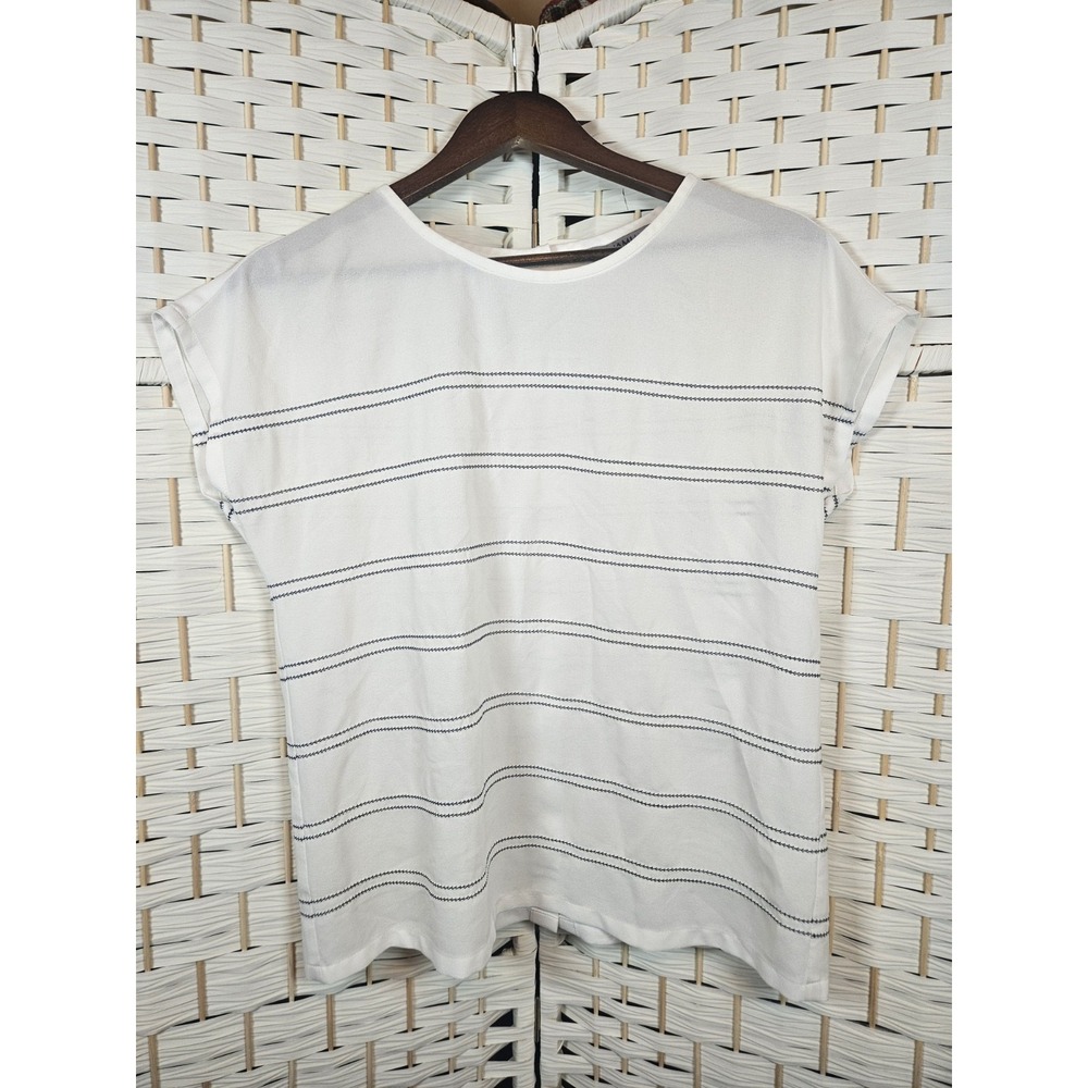 Namu Womens Large White Blouse Blue Stripes Preppy Work Career